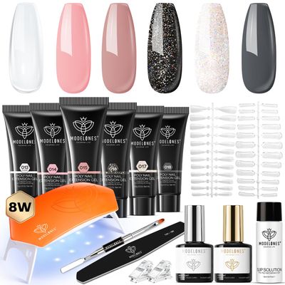 modelones Poly Gel Nail Kit 6 Colors with 8 W Nail Lamp Nail Extension Gel Kit Nude Clear Pink Black Glitter Complete Starter Kit for Beginner Nail Thickening Solutions DIY at Home for Women