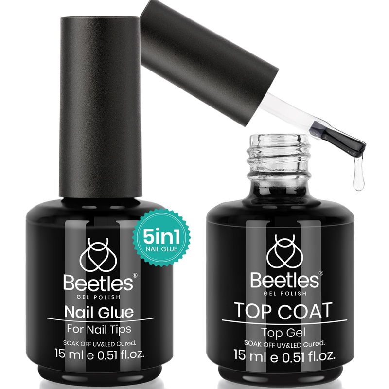 beetles Gel Polish 5 in 1 Nail Glue and No Wipe Top Coat Kit 2PCS 15ML for Gel Nails Easy Nail Extension Gel, Soak Off LED Gel Shine Finish and Long Lasting