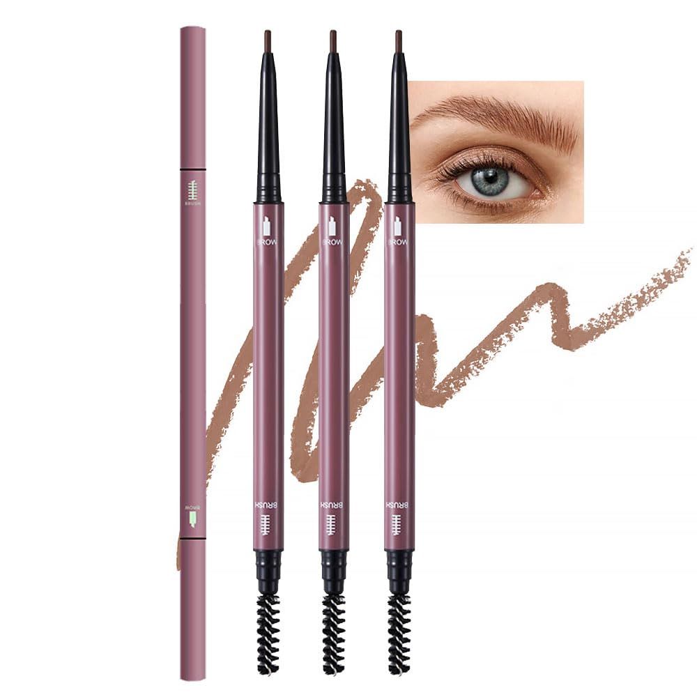 3Pcs Brown Waterproof Eyebrow Pencil,Ultra-Fine Mechanical Pencil with Spoolie Brush,Eyebrow Pencil Easy to Color,Draws Tiny Brow Hairs and Fills in Sparse Areas,Create Natural Eye Brow
