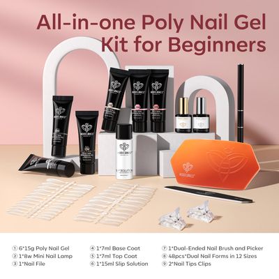 modelones Poly Gel Nail Kit 6 Colors with 8 W Nail Lamp Nail Extension Gel Kit Nude Clear Pink Black Glitter Complete Starter Kit for Beginner Nail Thickening Solutions DIY at Home for Women