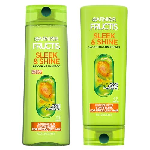 Garnier Fructis Sleek &amp; Shine Shampoo (22 Fl Oz)  Conditioner (21 Fl Oz) Set for Frizzy, Dry Hair, Plant Keratin  Argan Oil (2 Items), 1 Kit (Packaging May Vary)