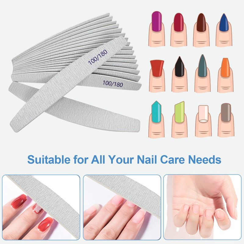 Nail Files (12 Pack), 100180 Grit Wooden Emery Board Nail File Double Sided Wood Emory Fingernail Files for Natural Nails Professional Reusable Manicure Pedicure Curved