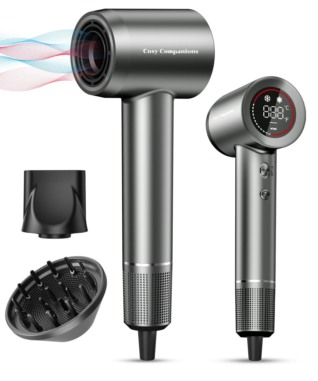 Hair Dryer - Negative Ionic Blow Dryer with 170000 RPM High Speed Brushless Motor for Fast Drying, Low Noise, HD Display Hair Dryer with Diffuser and Nozzle, 5 Temps &amp; 2 Speeds