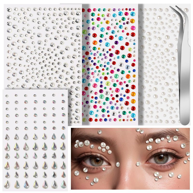 Teenitor Self Adhesive Face Gems and Pearls for Makeup, Festival Jewels for Body Makeup, Hair Gems, Face Jewels, Rhinestone Stickers for Face, Eye, Makeup, Body