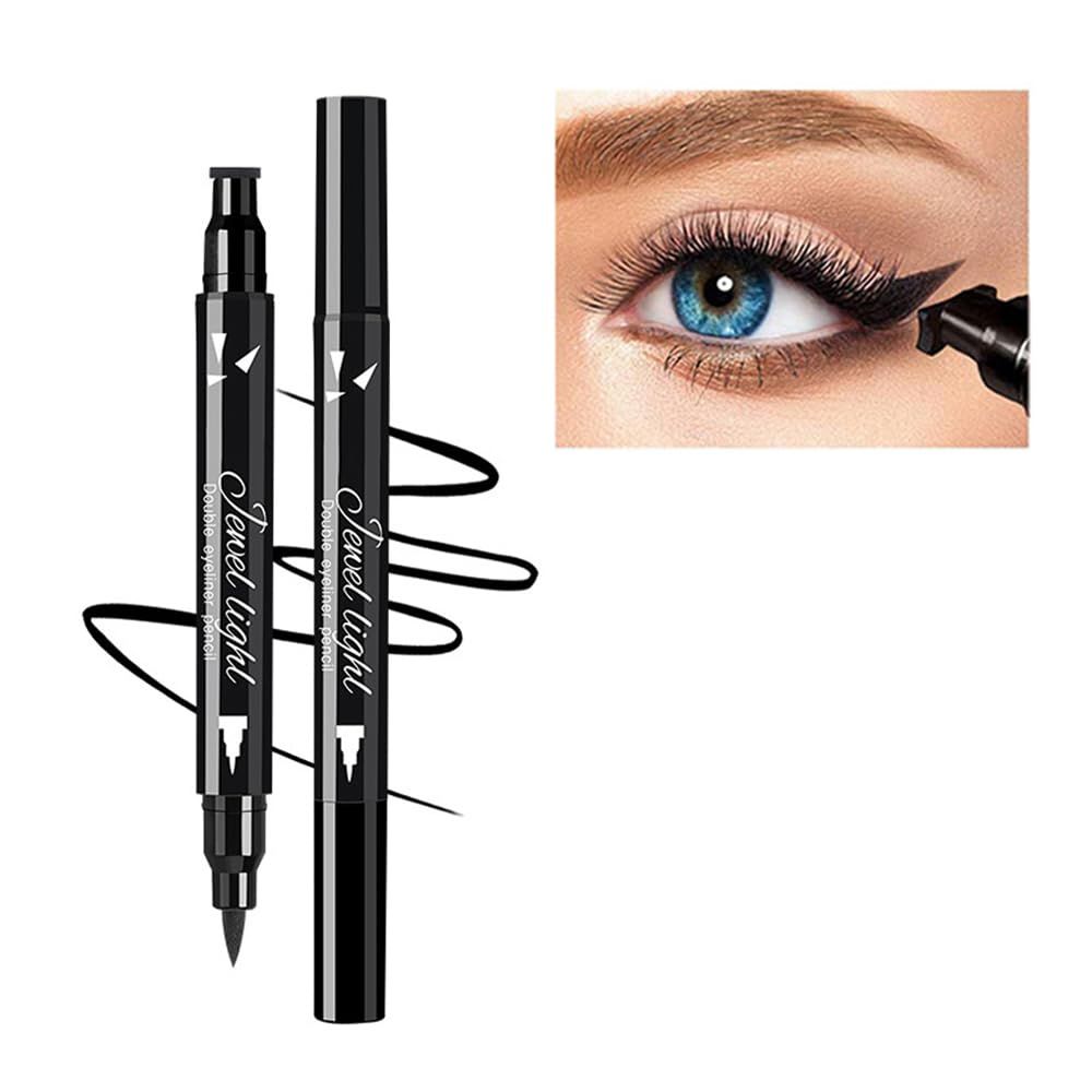 Dual Ended Black Liquid Eyeliner - 2 in 1 Winged Cat Eye Stamp &amp; Felt-tip Eyeliner Pen, Waterproof, Long Lasting and Smudge Proof Eye Makeup Tool for Women