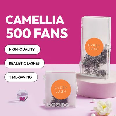 Eyesy Lash 500 Camellia Promade Fans - 5D 0.07 Size 8-10-12mm Curl CC - Natural Premade Lash Fans 3 Lengths in 1 Fan Create Depth, Texture, Layer Volume Lashes Premade Fans Eyelash Extensions