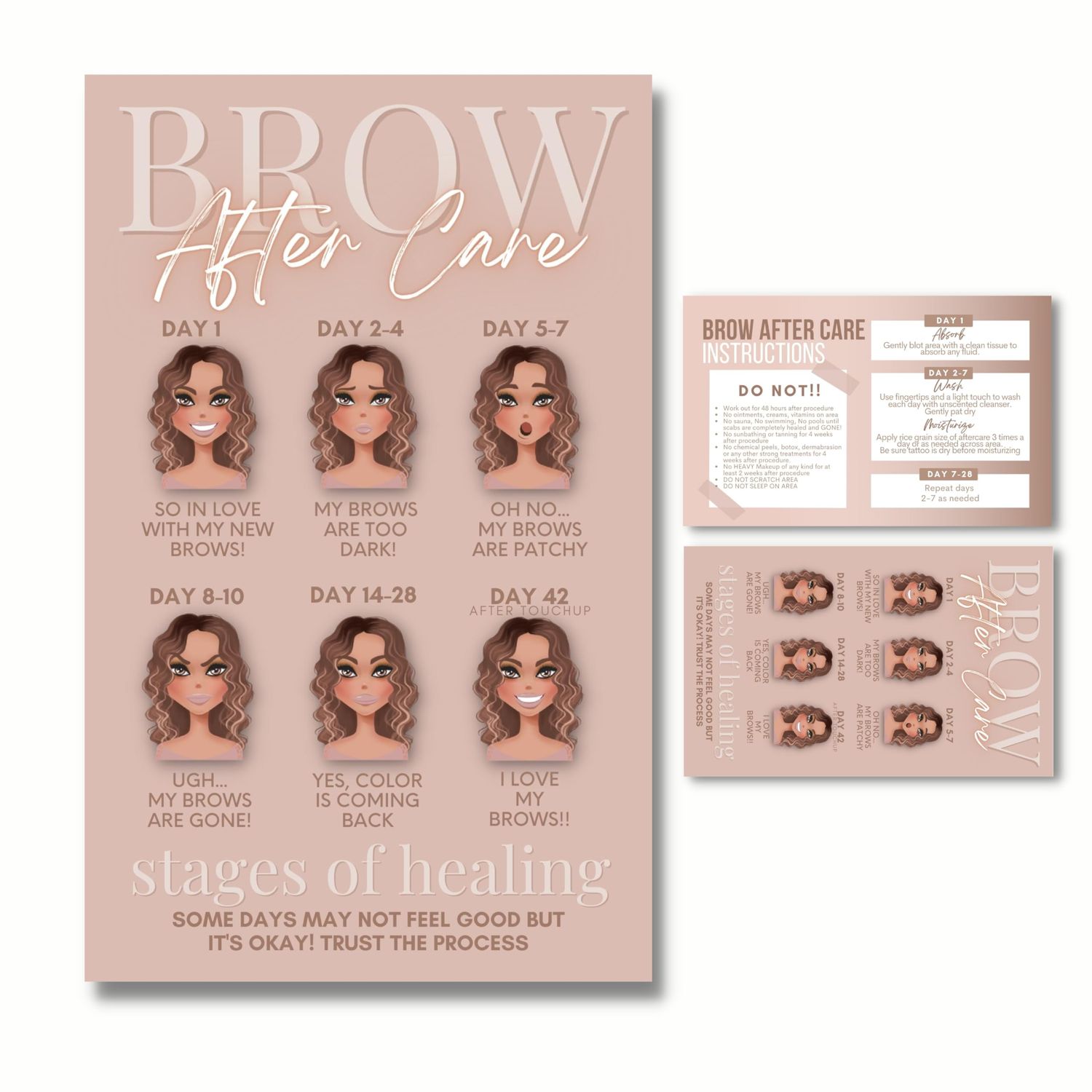 Cute Modern Nuetral Tone Powder Brow Microblading Aftercare Instruction Cards - Business Card Size 2 x 3.5 Inches -Front and Back Stages of brow healing