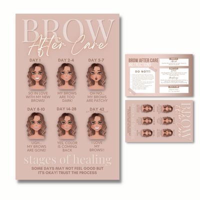 Cute Modern Nuetral Tone Powder Brow Microblading Aftercare Instruction Cards - Business Card Size 2 x 3.5 Inches -Front and Back Stages of brow healing
