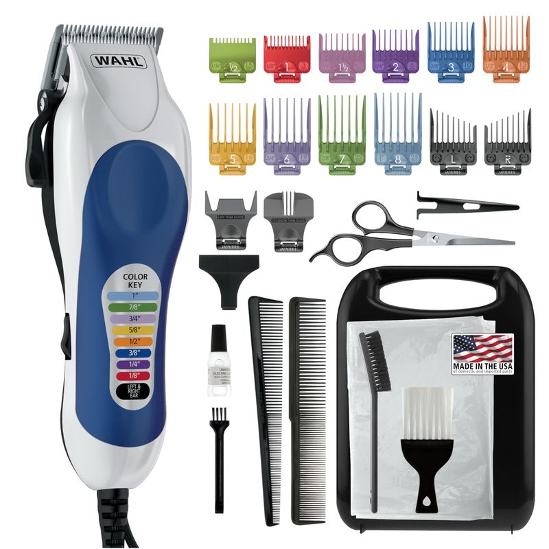 Wahl Clipper USA Color Pro Complete Haircutting Kit with Easy Color Coded Guide Combs - Corded Clipper for Hair clipping &amp; Grooming Men, Women, &amp; Children - Model 79300-1001M