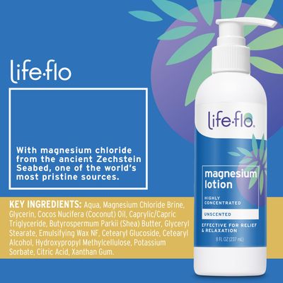 Life-flo Magnesium Lotion, Unscented Body Lotion, Relief and Relaxation wMagnesium Chloride from Zechstein Seabed, Dermatologist Tested, Hypoallergenic, 60-Day Guarantee, Not Tested on Animals, 8oz