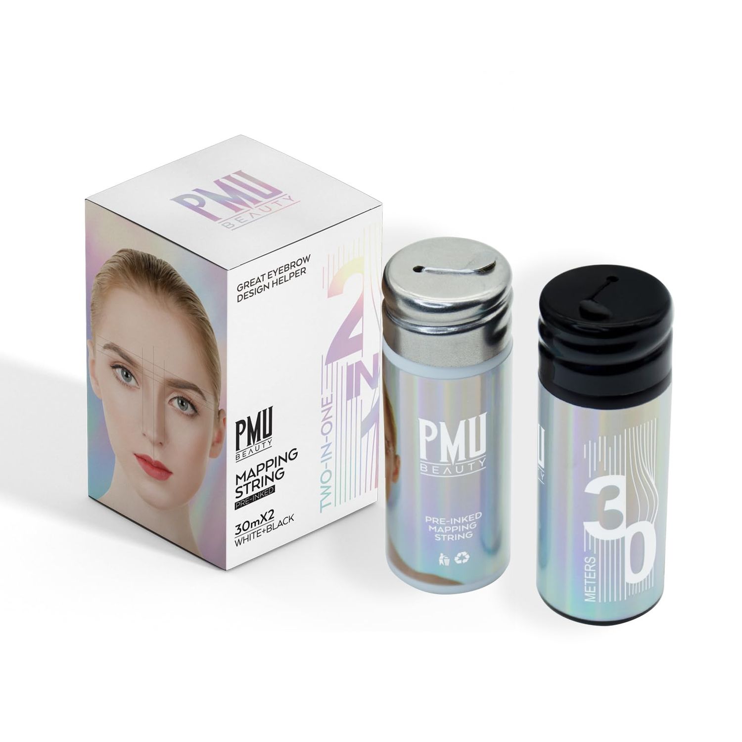 PMUBEAUTY White Brow Mapping Threading String 2 x 100 Ft Bottles - 60 m Pre-Inked Eyebrow Mapping String Thread for Permanent Makeup, Microblading Supplies Marking Symmetrical Brows