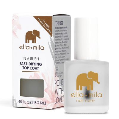 ellamila &quot;In a Rush Fast Dry Top Coat Nail Polish with High Glossy Shine. This clear nail polish features a UV inhibitor to resist yellowing and comes in a 0.45 fl oz bottle