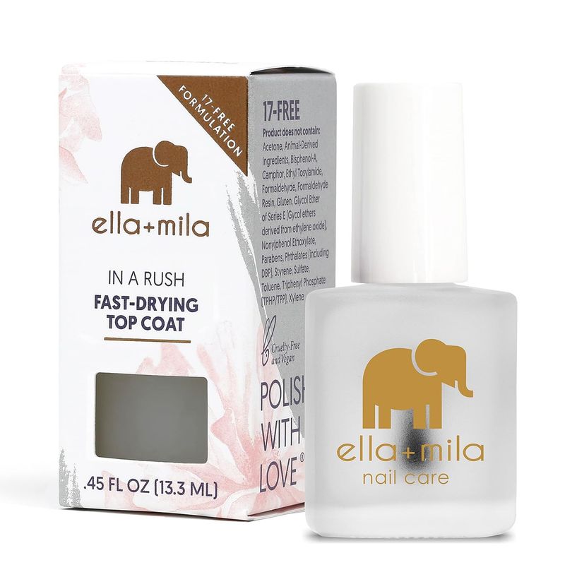 ellamila "In a Rush Fast Dry Top Coat Nail Polish with High Glossy Shine. This clear nail polish features a UV inhibitor to resist yellowing and comes in a 0.45 fl oz bottle