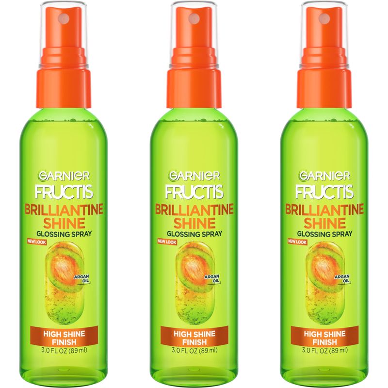 Garnier Fructis Style Brilliantine Shine Glossing Spray for High Shine Finish, Argan Oil, 3 Fl Oz, 3 Count (Packaging May Vary)