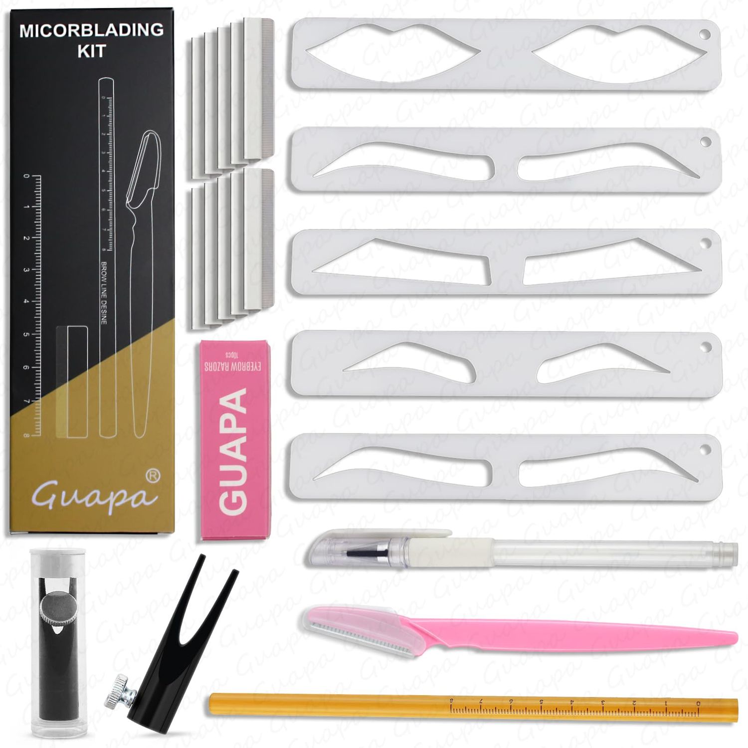 Permanent Makeup Eyebrow Lips Shaping Kit Microblading Mapping Template with White Marker Pen Black Eyebrow pencil 10 pcs Razor Blade and Pencil Sharpener for Beginners Use