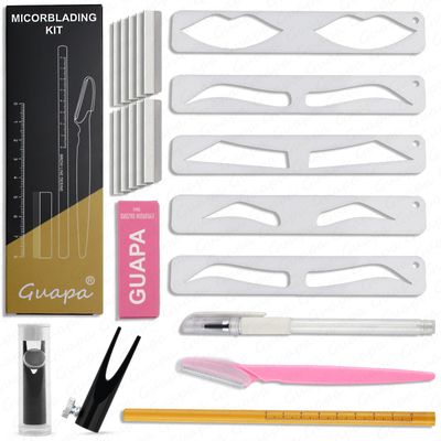 Permanent Makeup Eyebrow Lips Shaping Kit Microblading Mapping Template with White Marker Pen Black Eyebrow pencil 10 pcs Razor Blade and Pencil Sharpener for Beginners Use