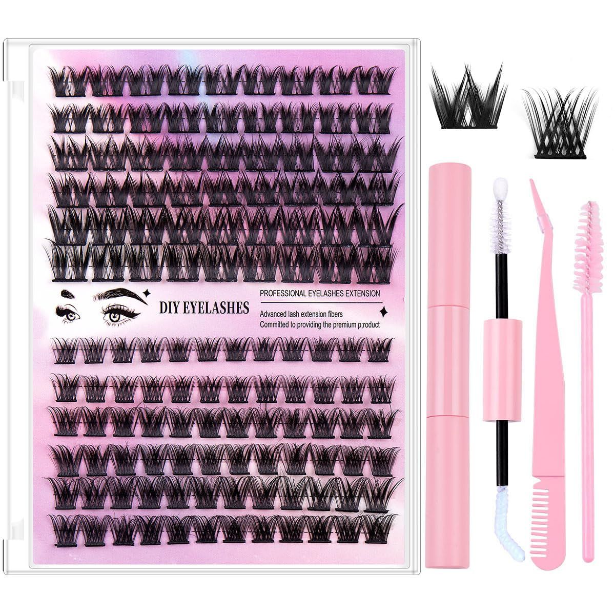 DIY Lash Extension Kit Volume Lash Clusters 20D 30D D Curl Individual Lashes Lash Clusters Kit Thick Eyelash Extension Kit Thin Band Cluster Lashes Lash Bond and Seal Lash Tweezers