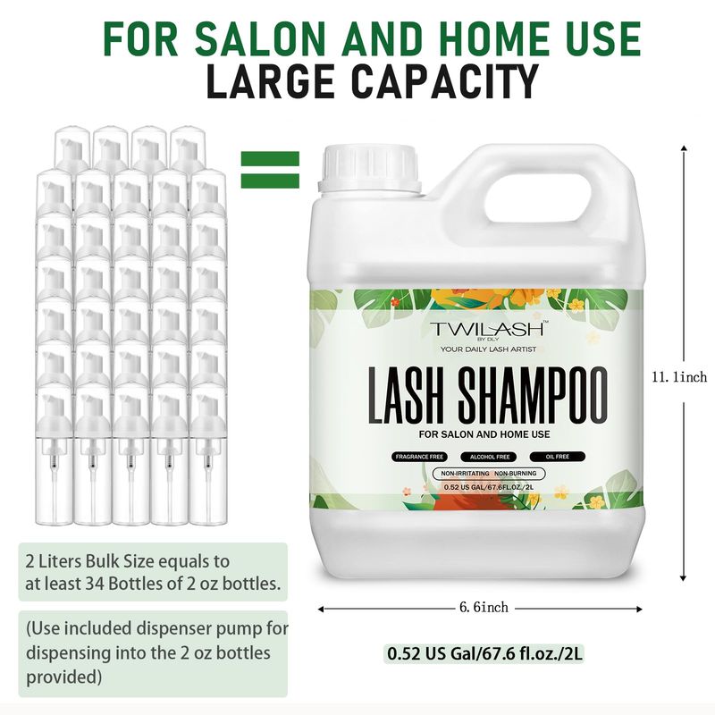 Lash Shampoo Bulk, Eyelash Cleanser for Extensions 2 Liters - 3 Foam Pump Bottles, 3 Lash Cleansing Brushes, Dispenser Pump - Eyelid Foaming Cleanser for Professional Salon and Home Use