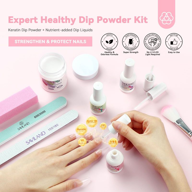 SAVILAND Clear Dip Powder Nail Kit Starter 60g 2.1oz Dip Powder for Nails with Dipping Powder Liquid Set Dip Base Activator and Top Coat Professional Dip Nail Kit Repair for French Manicure Nail Art