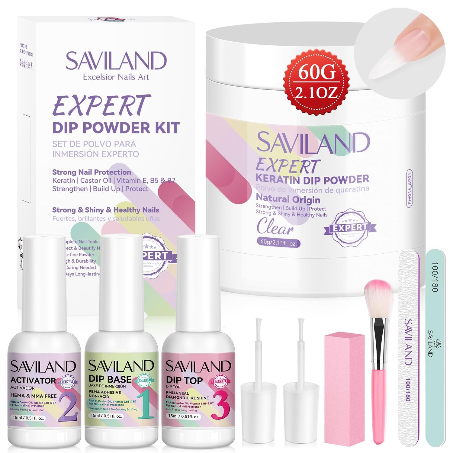SAVILAND Clear Dip Powder Nail Kit Starter 60g 2.1oz Dip Powder for Nails with Dipping Powder Liquid Set Dip Base Activator and Top Coat Professional Dip Nail Kit Repair for French Manicure Nail Art