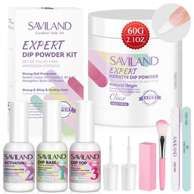 SAVILAND Clear Dip Powder Nail Kit Starter 60g 2.1oz Dip Powder for Nails with Dipping Powder Liquid Set Dip Base Activator and Top Coat Professional Dip Nail Kit Repair for French Manicure Nail Art