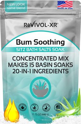 Sitz Bath for Hemorrhoids Relief 20-in-1 Mix Epsom Salts Essential Oils, Makes 15 Soaks for Soothing Toilet Seat Basin Use. Quality USP Ingredients, Made in USA.