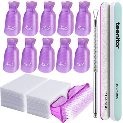 Teenitor Nail Polish Gel Remover Tools Kit with Nail Clips Nail Remover Pads Cuticle Pusher Nail Brushes Nail File Grits 120180 Buffer Block Grits 4004000, 6 Pack Purple