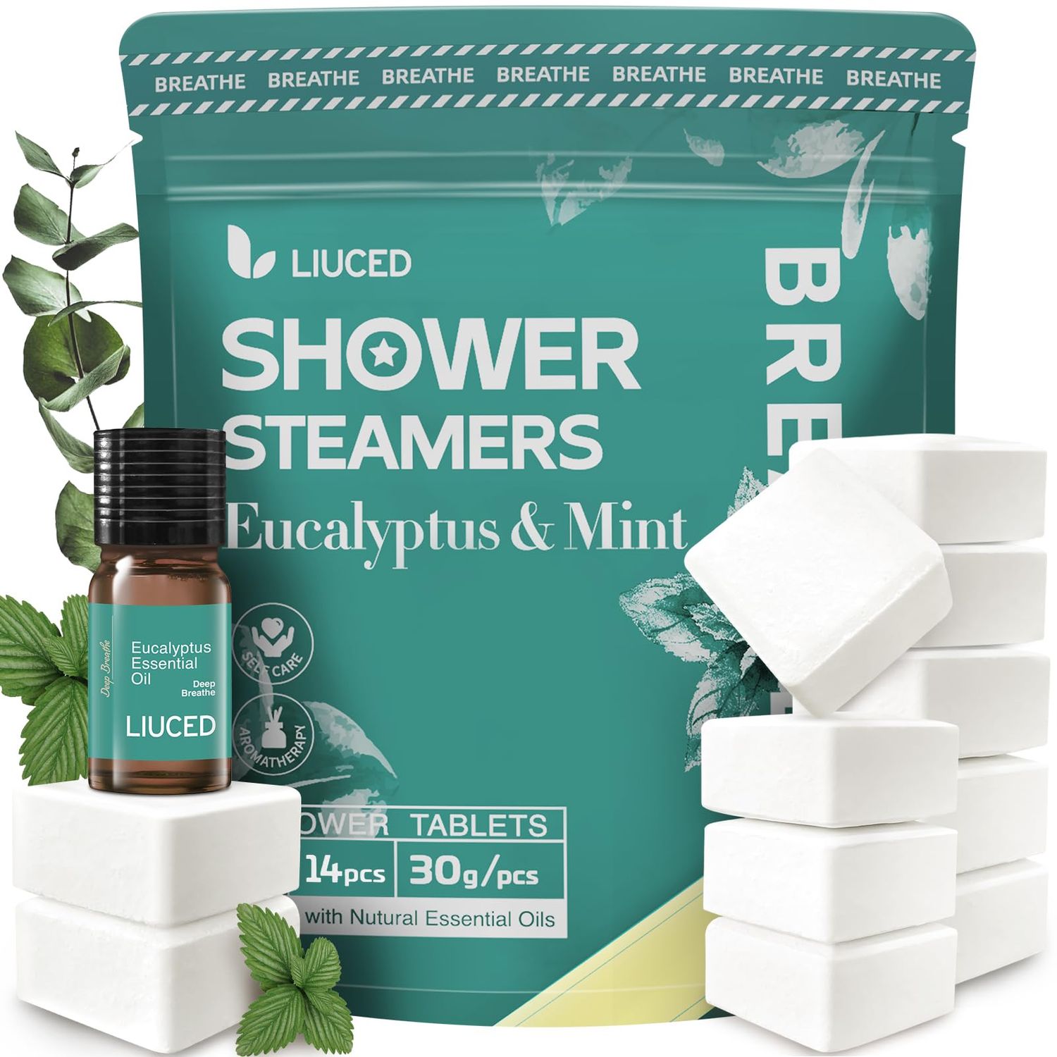 Shower Steamers Aromatherapy - 14 Pack Eucalyptus &amp; Mint Shower Bombs and 5ml Natural Eucalyptus Essential Oils, Nasal Relief, Self Care Stress Relief Gifts for Women, Valentines Day Gifts for Her Him
