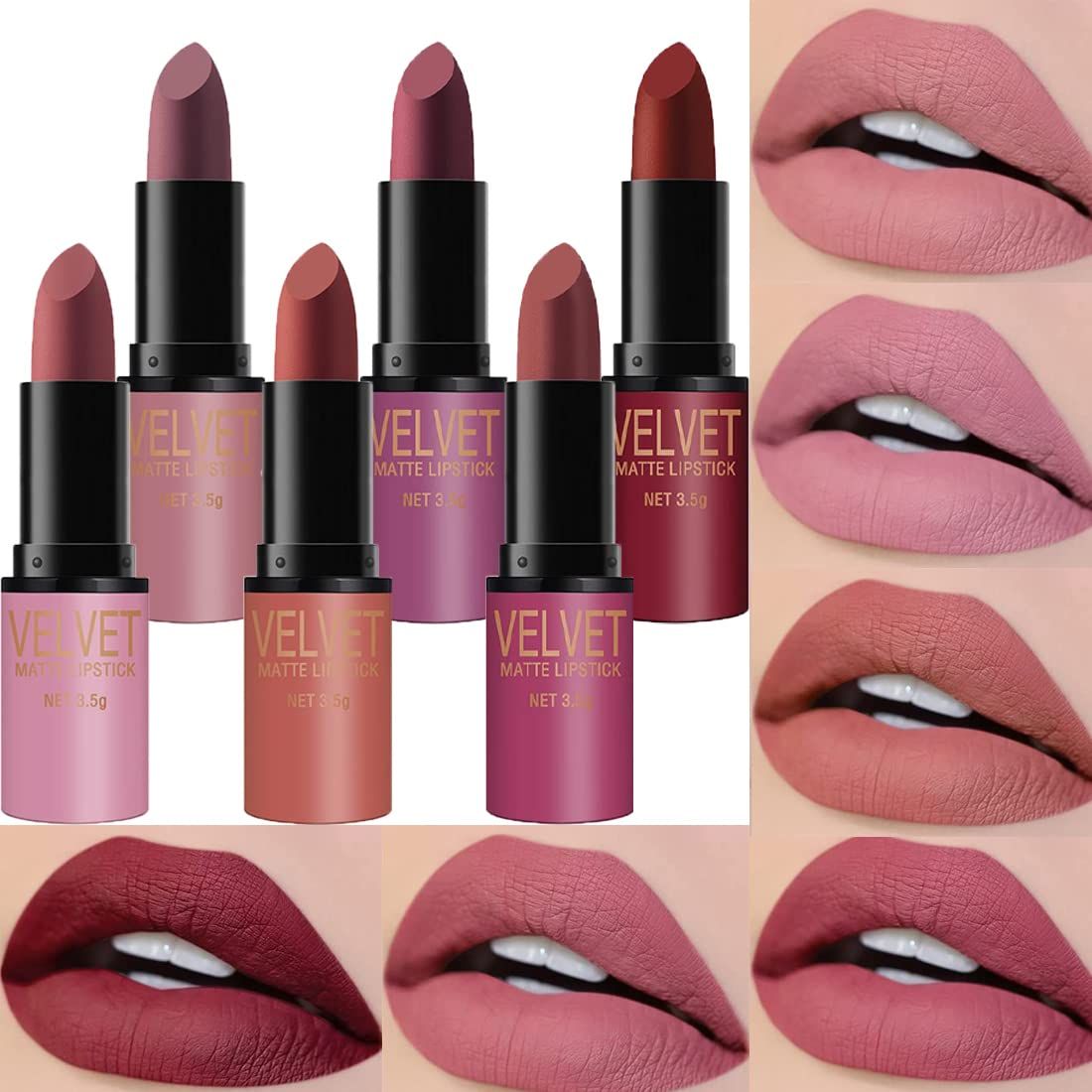 Dulele 6 Colors of Velvet Smooth Matte Lipstick Set, Long Lasting &amp; Waterproof Non-Stick Cup Nude Color Lip Makeup Gift Set for Girls and Women