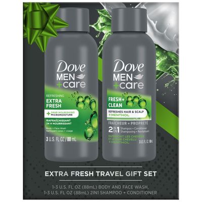 Dove MenCare Travel Essentials Bundle -Extra Fresh Body &amp; Face Wash &amp; Fresh  Clean 2-in-1 Shampoo, 3 Oz Ea