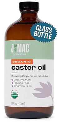J MAC BOTANICALS, Organic Castor Oil Cold Pressed (Glass Bottle, 16 oz) pure unrefined, hexane free for face, skin, eyelashes, pack wraps, pads