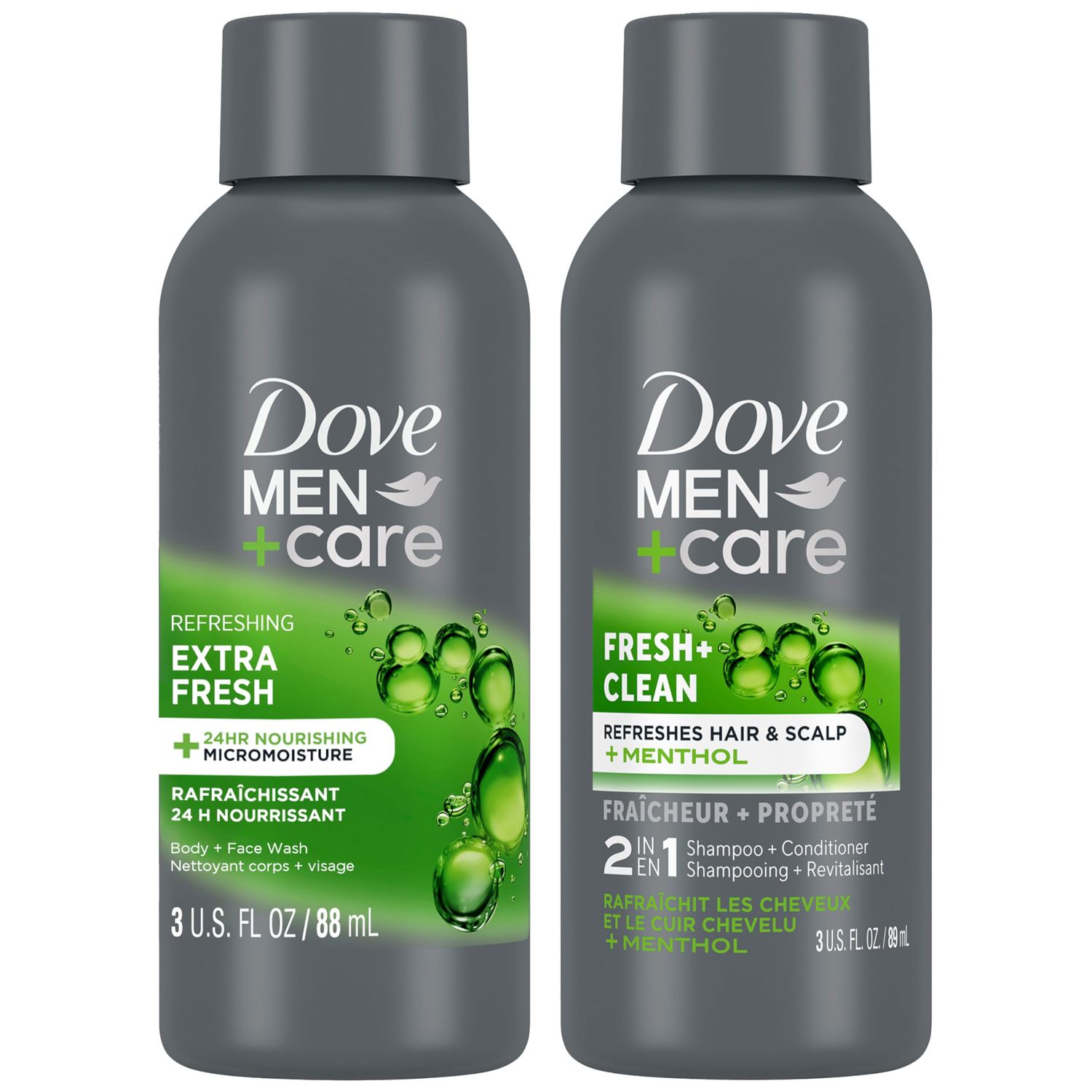 Dove MenCare Travel Essentials Bundle -Extra Fresh Body &amp; Face Wash &amp; Fresh  Clean 2-in-1 Shampoo, 3 Oz Ea