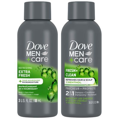 Dove MenCare Travel Essentials Bundle -Extra Fresh Body &amp; Face Wash &amp; Fresh  Clean 2-in-1 Shampoo, 3 Oz Ea