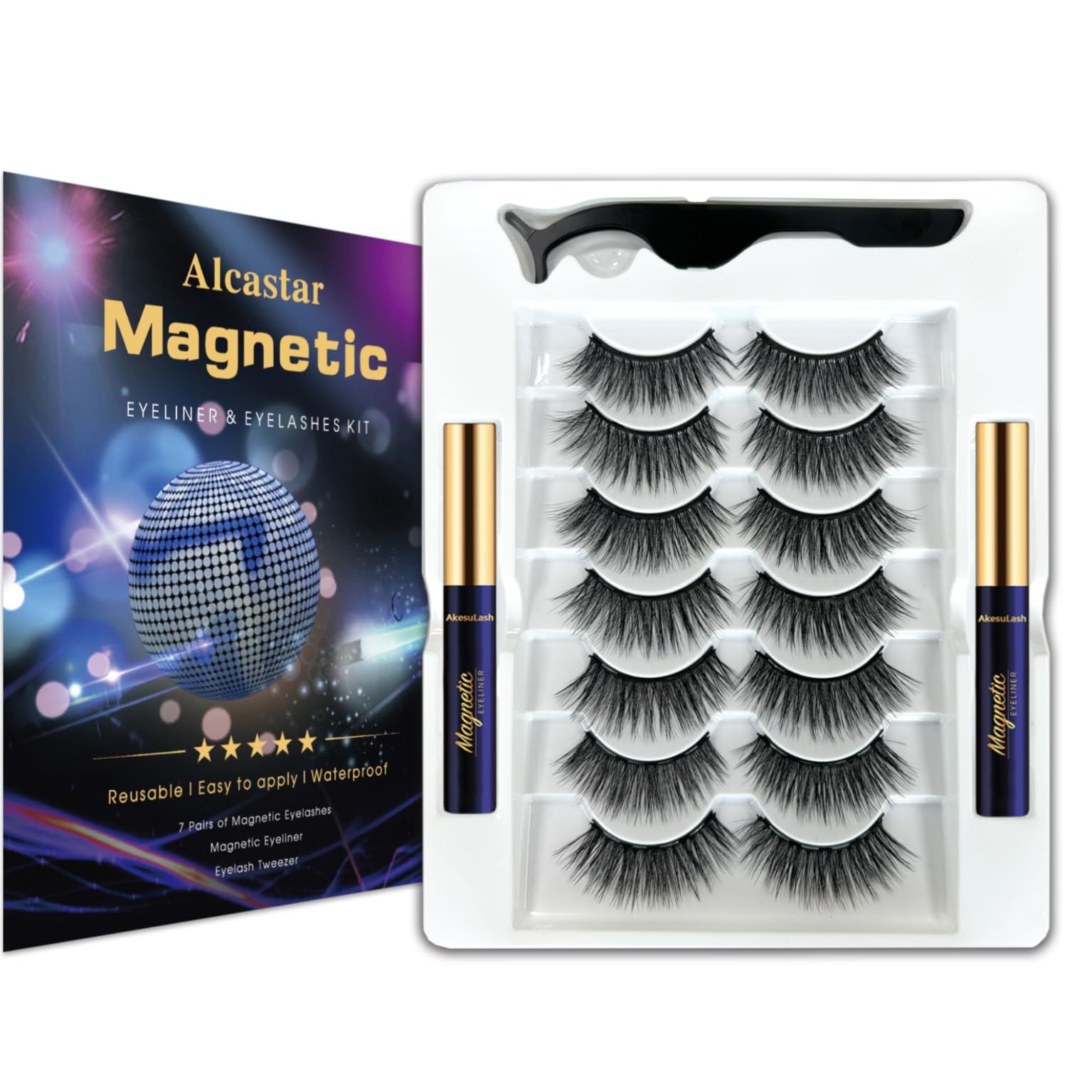 Alcastar Magnetic Eyelashes with Eyeliner Kit, Natural Magnetic Eyelash,Magnetic Lashes 7 Pairs, Magnetic Eyeliner 2 tubes, Magnetic Eyelash Kit, Waterproof, Easy to Use, Comfortable,