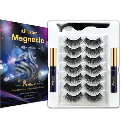 Alcastar Magnetic Eyelashes with Eyeliner Kit, Natural Magnetic Eyelash,Magnetic Lashes 7 Pairs, Magnetic Eyeliner 2 tubes, Magnetic Eyelash Kit, Waterproof, Easy to Use, Comfortable,