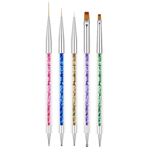 AIBEE Nail Art Brushes, 5pcs Double-Ended Acrylic Nail Brush Including 7911mm Nail Liner Brush Flat Brushes and Nail Dotting Tools for Nail Art Design