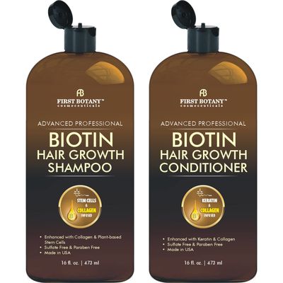 First Botany, Biotin Hair Growth Shampoo Conditioner Anti Hair Loss Thickening formula Collagen &amp; Stem Cell For Hair Regrowth Anti Thinning Sulfate Free For Men Women Anti Dandruff Treatment 16 oz x2