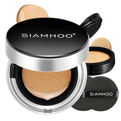 SIAMHOO Air Cushion CC Cream Foundation Makeup Primer Sunscreen SPF50 Full Coverage Lightweight Long-lasting Oil Control for All Skin Types, Refill Included, 0.53 Oz x 2 (Natural)