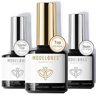 modelones Gel Top Coat Base Coat for Gel Nail Polish, 3 Pcs 10 ml No Wipe Matte &amp; Shiny Top Coat, Long Lasting High Gloss and Matte Effects DIY at Home