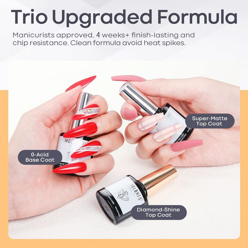 modelones Gel Top Coat Base Coat for Gel Nail Polish, 3 Pcs 10 ml No Wipe Matte &amp; Shiny Top Coat, Long Lasting High Gloss and Matte Effects DIY at Home