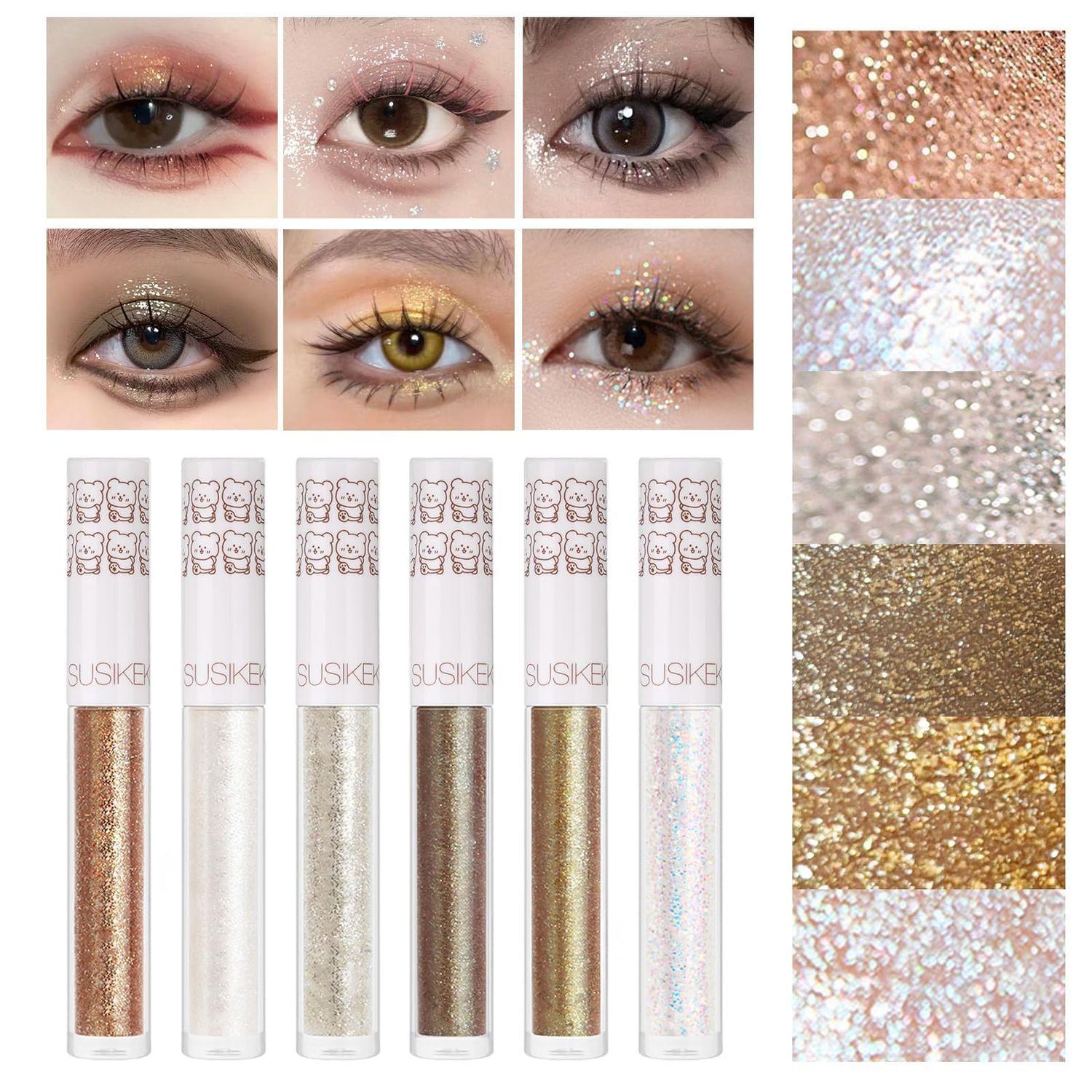 Eye Glitter Liquid Eyeshadow Eyeliner Set(6Pcs), Glittery Korean Makeup Bling Under Eye Shadows, Shimmer Tear Drop Eye Make Up Gift Kit, Quick-Dry, Long-Lasting Loose Glitter Glue for Crystal Makeup