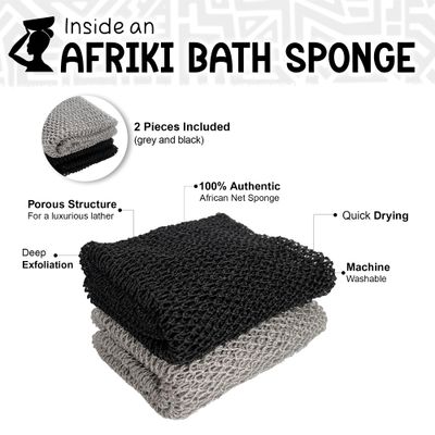 AFRIKI African Net Sponge, African Exfoliating Sponge, Black Owned, Exfoliating Washcloth, Body Exfoliator for Bath and Shower, Back Scrubber, Dead Skin Remover (Black, Grey, 1 Count (Pack of 2))