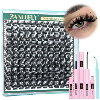 Lash Clusters Kit Natural Eyelash Clusters Kit Wispy Lash Extension Kit 10-16MM D Curl Individual Cluster Eyelash Extensions with Lash Bond and Seal and Lash Tweezers by ZANLUFLY