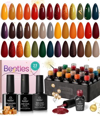 beetles Gel Polish Nail Set 20 Colors Cozy Campfire Collection Orange Yellow Green Brown Fall Winter Gel Polish Set Soak Off Uv Lamp Need Base Glossy &amp; Matte Top Coat Manicure Kit Gift for Girls