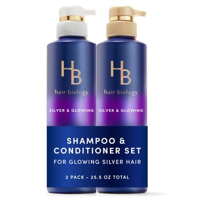 Hair Biology Biotin-Infused Purple Shampoo and Conditioner Set for Grey Hair, Anti-Brassiness, Moisturizing, Color-Safe, Silver &amp; Glowing, Corrects Yellow Tones, 12.8 Fl Oz Each, 2 Pack