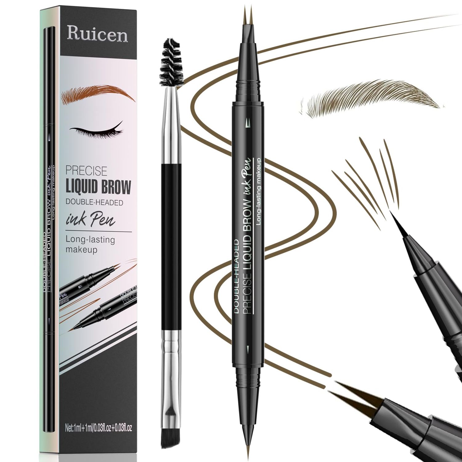 Eyebrow Pen - Eyebrow Pencil, Brow Pencil 2-in-1 Dual-Ended Microblading Eyebrow Pen with Micro-Fork-Tip and Precise Brush-Tip Create Natural Hair-Like Brows, Last All-Day, Brown