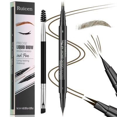 Eyebrow Pen - Eyebrow Pencil, Brow Pencil 2-in-1 Dual-Ended Microblading Eyebrow Pen with Micro-Fork-Tip and Precise Brush-Tip Create Natural Hair-Like Brows, Last All-Day, Brown