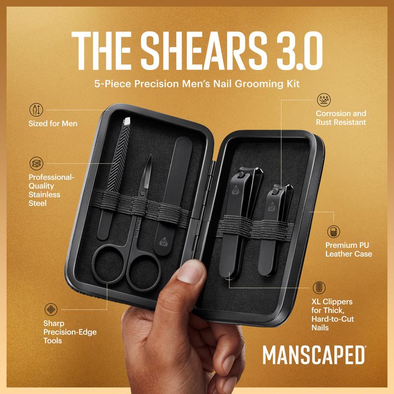 MANSCAPED Shears 3.0, 5-Piece Precision Mens Nail Grooming Travel Kit, Stainless Steel Manicure Set with Fingernail &amp; Toenail Clippers, Nail File, Slant Tip Tweezers, Cuticle Scissors, Travel Case