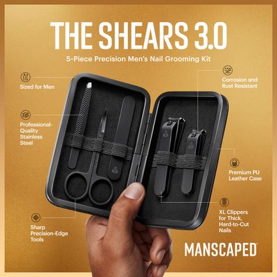 MANSCAPED Shears 3.0, 5-Piece Precision Mens Nail Grooming Travel Kit, Stainless Steel Manicure Set with Fingernail & Toenail Clippers, Nail File, Slant Tip Tweezers, Cuticle Scissors, Travel Case
