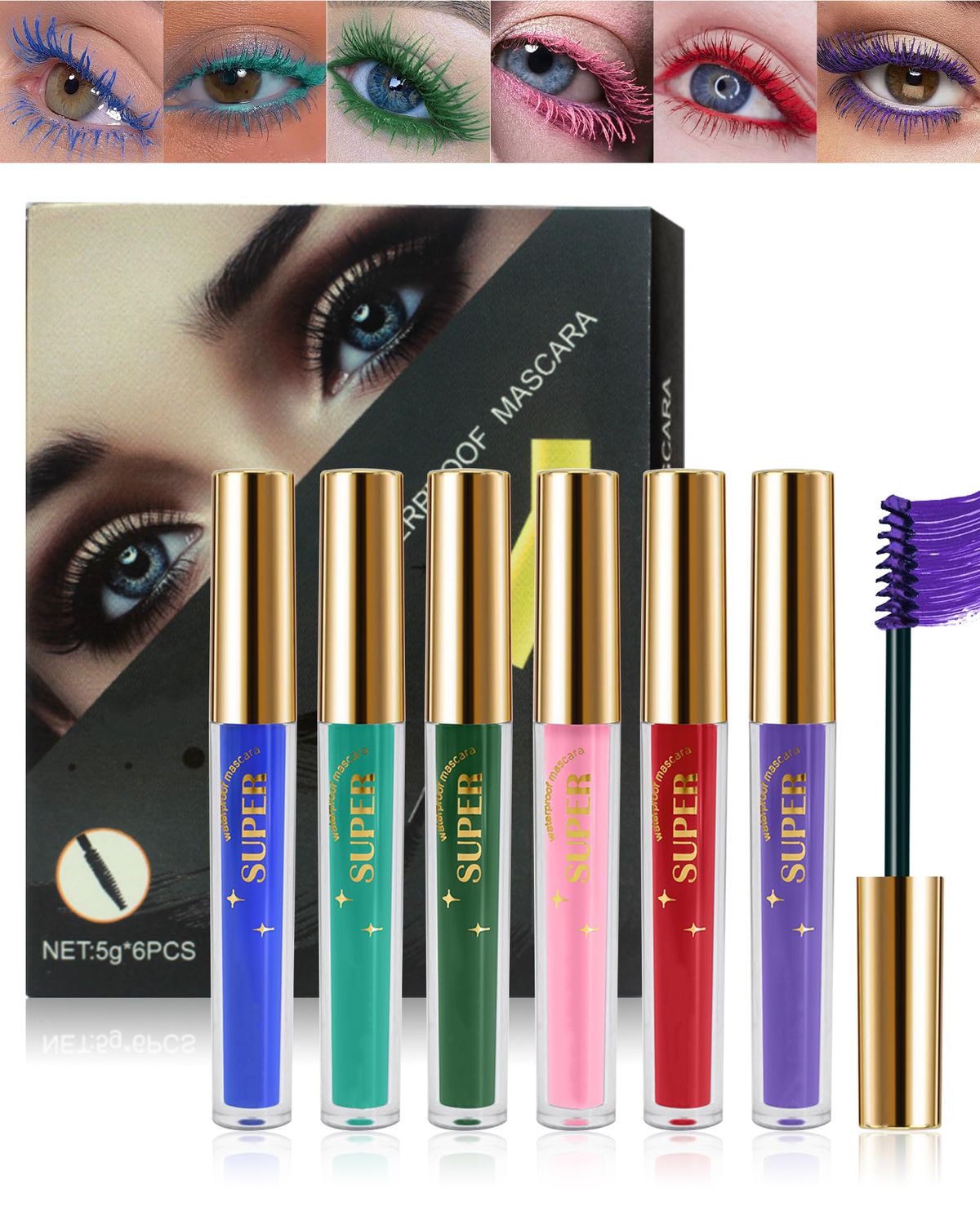 6 Colors Waterproof Mascara Set -Blue Green Purple Pink Red Colored Mascara for Eyelashes, Long Lasting Curling Mascara Volume and Length, High Impact Colorful Lash Mascara Makeup Halloween Cosplay-C